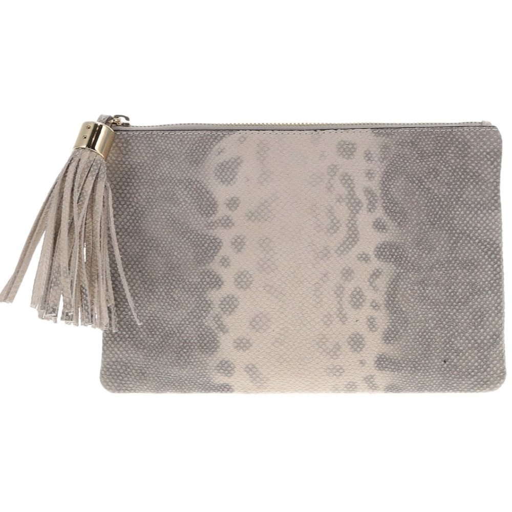 G.I.L.I Women's Gray Ivory Python Snakeskin Leather Tassel Clutch Bag